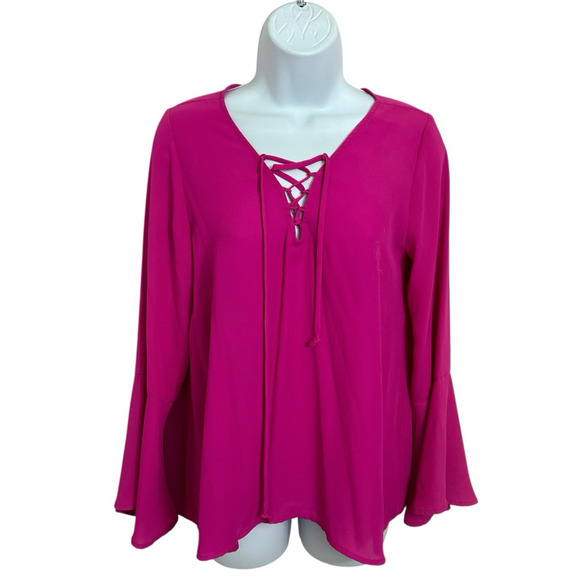 Nordstrom Eclair Fuchsia Blouse Sz Small Bell Sleeves Laced V-Neck Top Chiffon - Picture 8 of 8